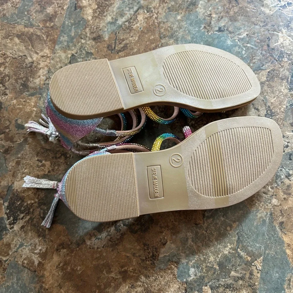 Steve Madden Sandals Girls Size 2 Rainbow Sparkly Open Toe Shoes Tassel